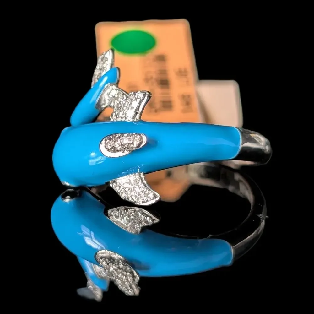 EFFY Dolphin Wrap Ring Diamonds Blue Enamel 14k White Gold New Old Stock
